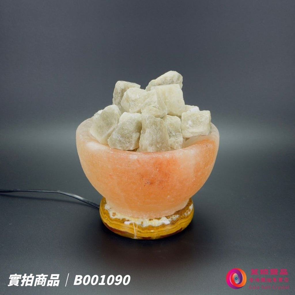 蓋婭鹽晶 玫瑰鹽與灰藍鹽碎礦聚寶盤造型鹽燈 B001090，正面未點燈